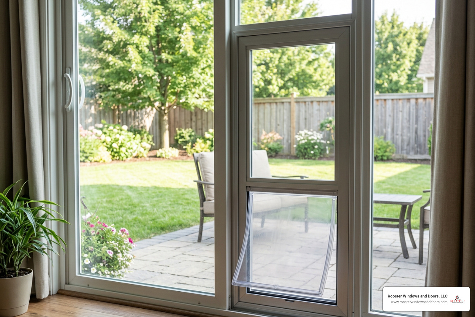 High-end insulated patio pet insert panel installed in a patio glass slider track High-end insulated patio pet insert panel installed in a patio glass slider track