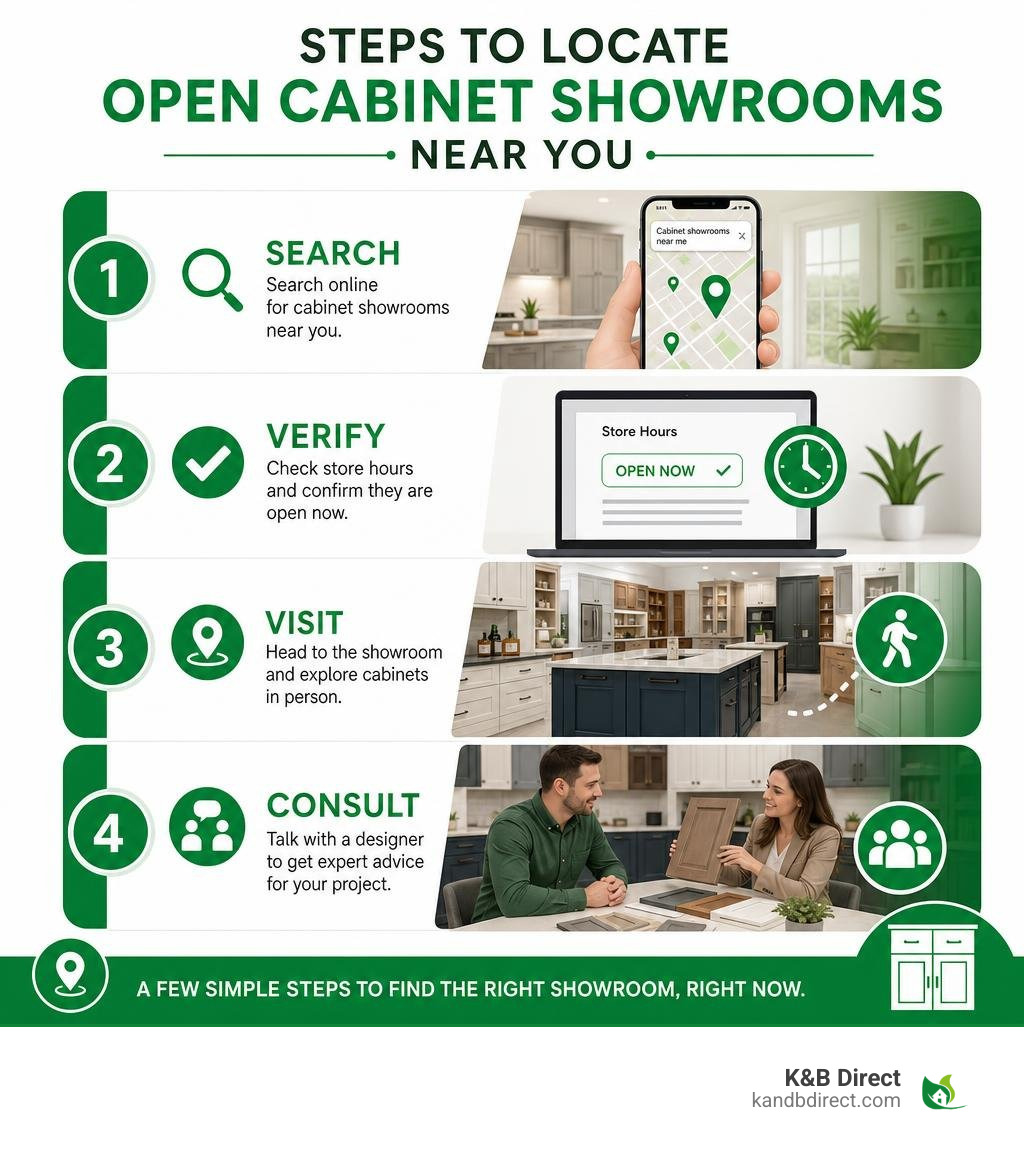 Steps to locate open cabinet showrooms near you, including search, verify, visit, and consult infographic Steps to locate open cabinet showrooms near you, including search, verify, visit, and consult infographic