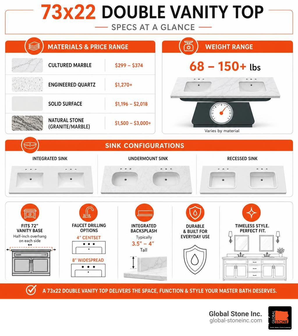 73x22 double vanity top specs infographic: materials, price ranges, weights, and sink configurations infographic 73x22 double vanity top specs infographic: materials, price ranges, weights, and sink configurations infographic
