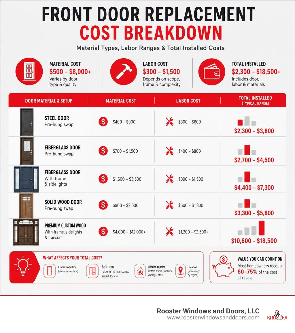 Front door replacement cost breakdown infographic showing material types, labor ranges, and total installed costs infographic Front door replacement cost breakdown infographic showing material types, labor ranges, and total installed costs infographic