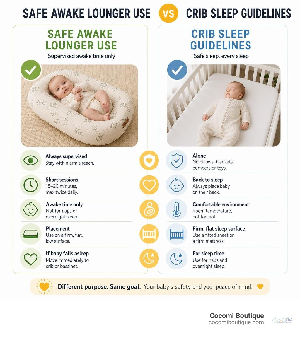 infographic showing safe awake lounger use rules vs crib sleep guidelines for newborns infographic