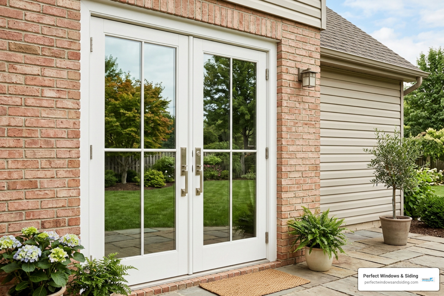 High-efficiency exterior French doors with multi-point locking system High-efficiency exterior French doors with multi-point locking system