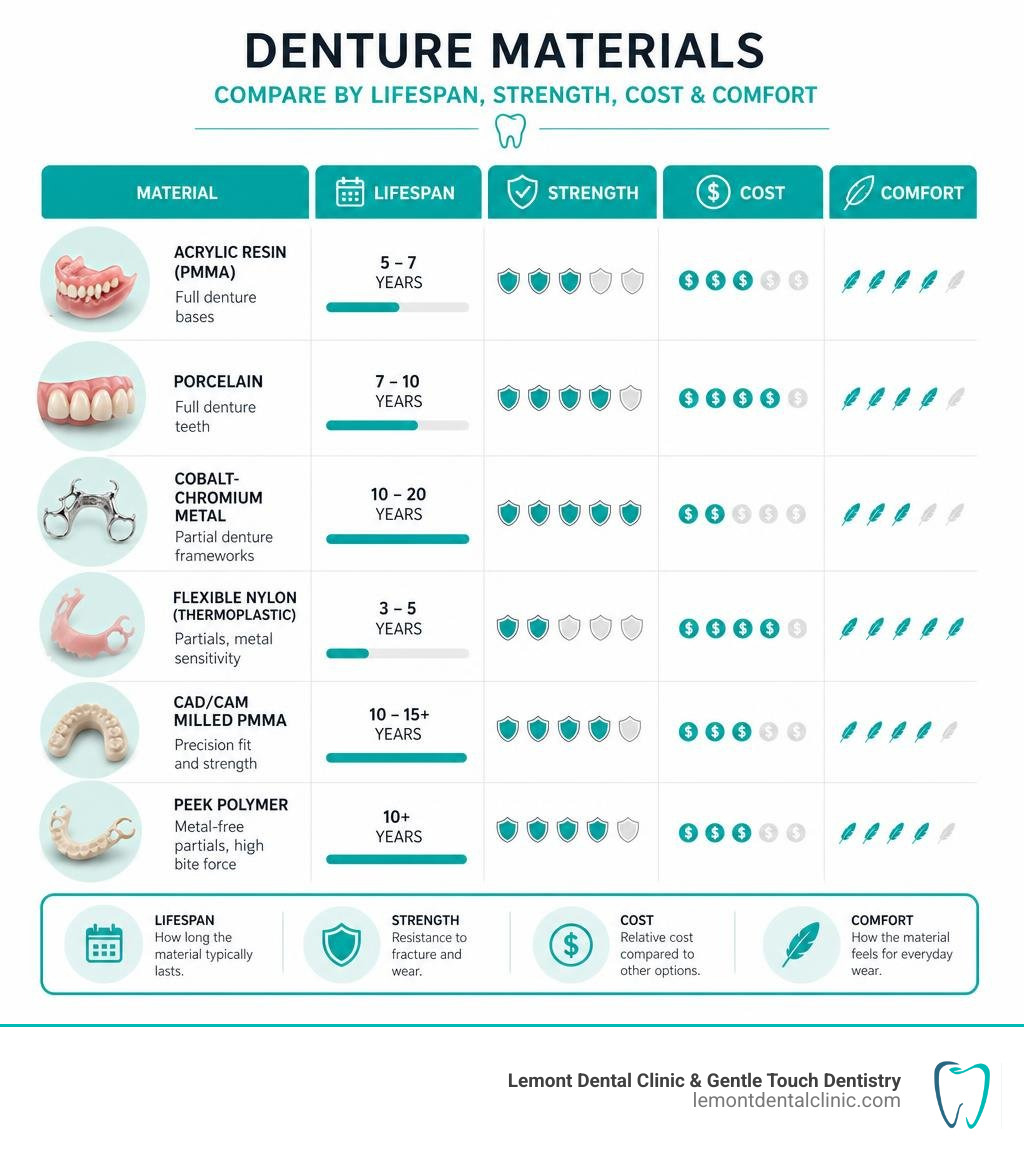 Comparison infographic of denture materials by lifespan, strength, cost, and comfort infographic