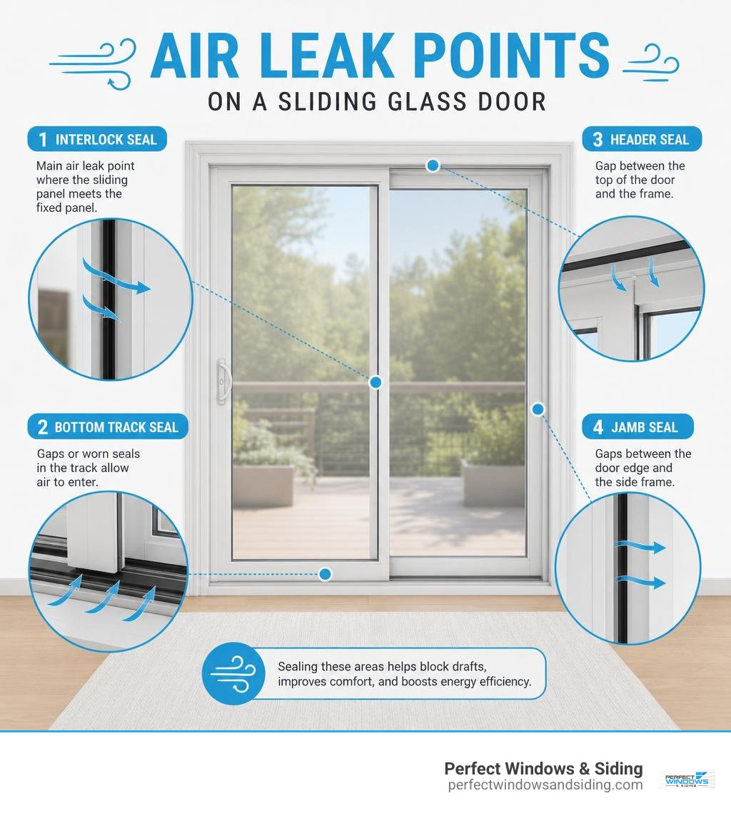 Air leak points on a sliding glass door — interlock, bottom track, header, and jamb seals infographic