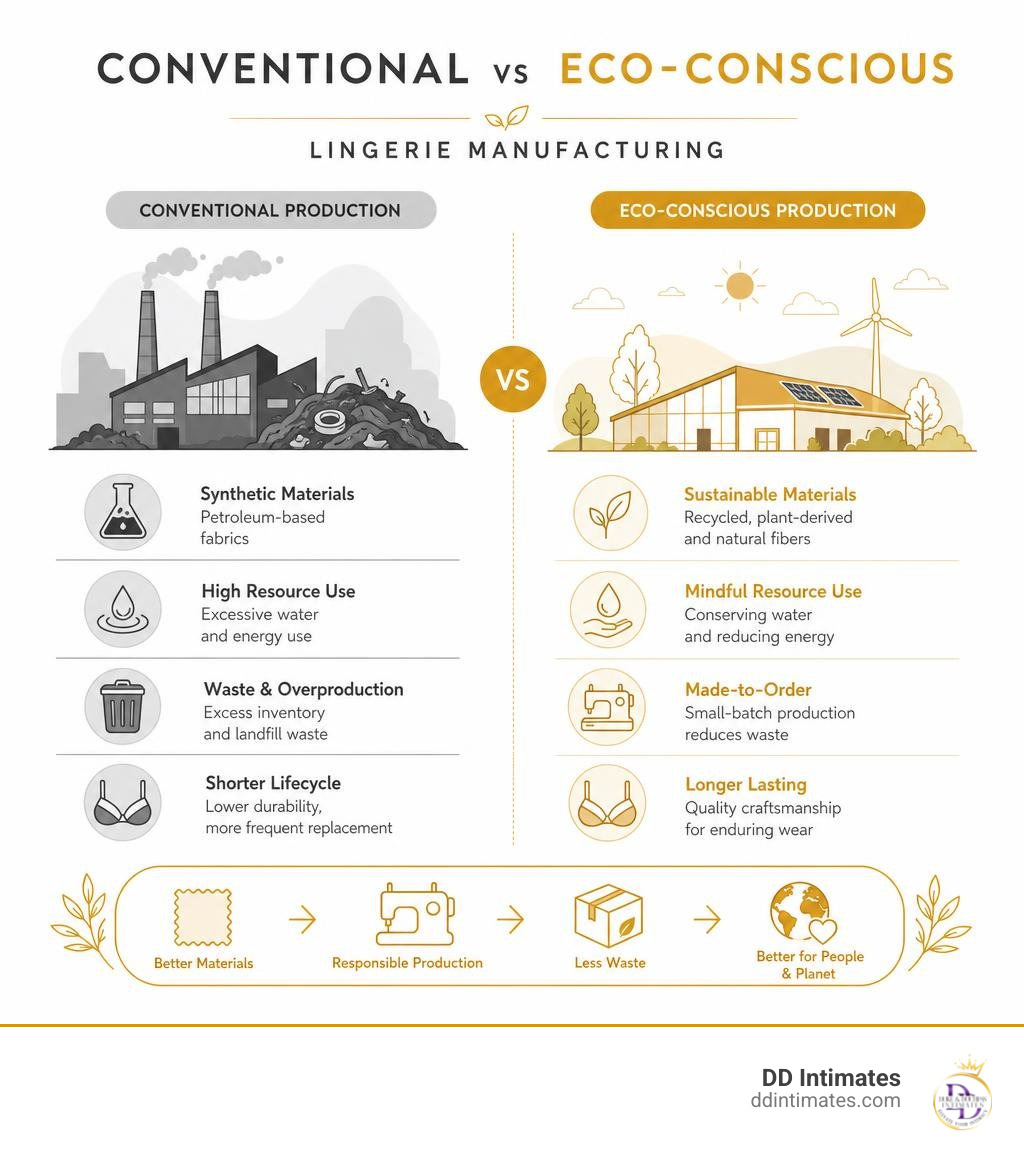 Comparing conventional lingerie manufacturing with eco-conscious production practices infographic