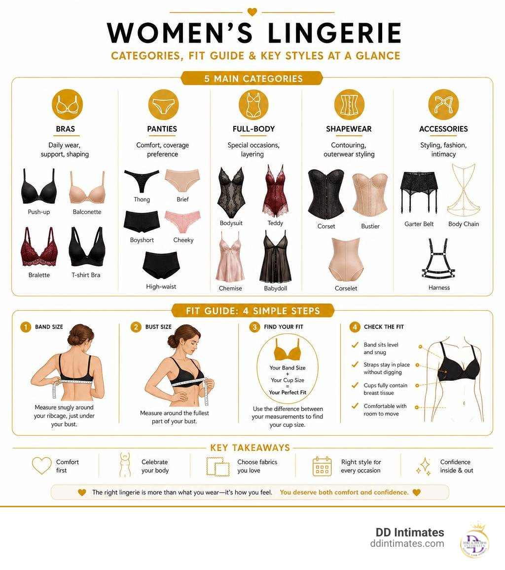 Women's lingerie categories, fit guide, and key styles at a glance infographic