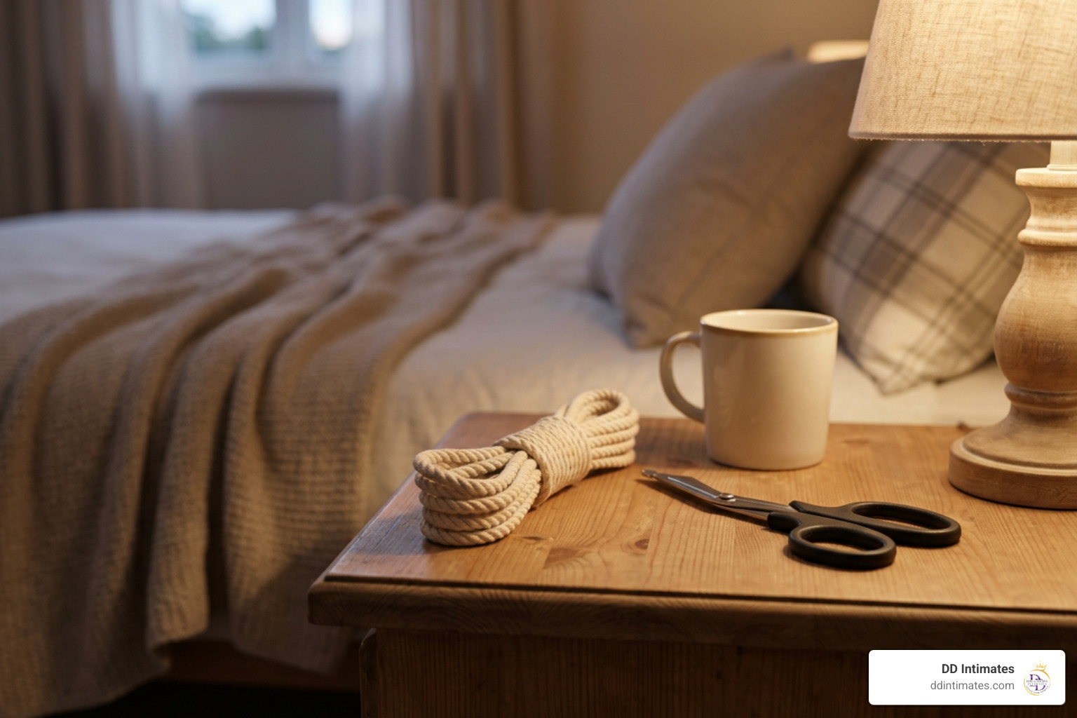 Safety shears positioned neatly beside soft rope restraints on a bedside table