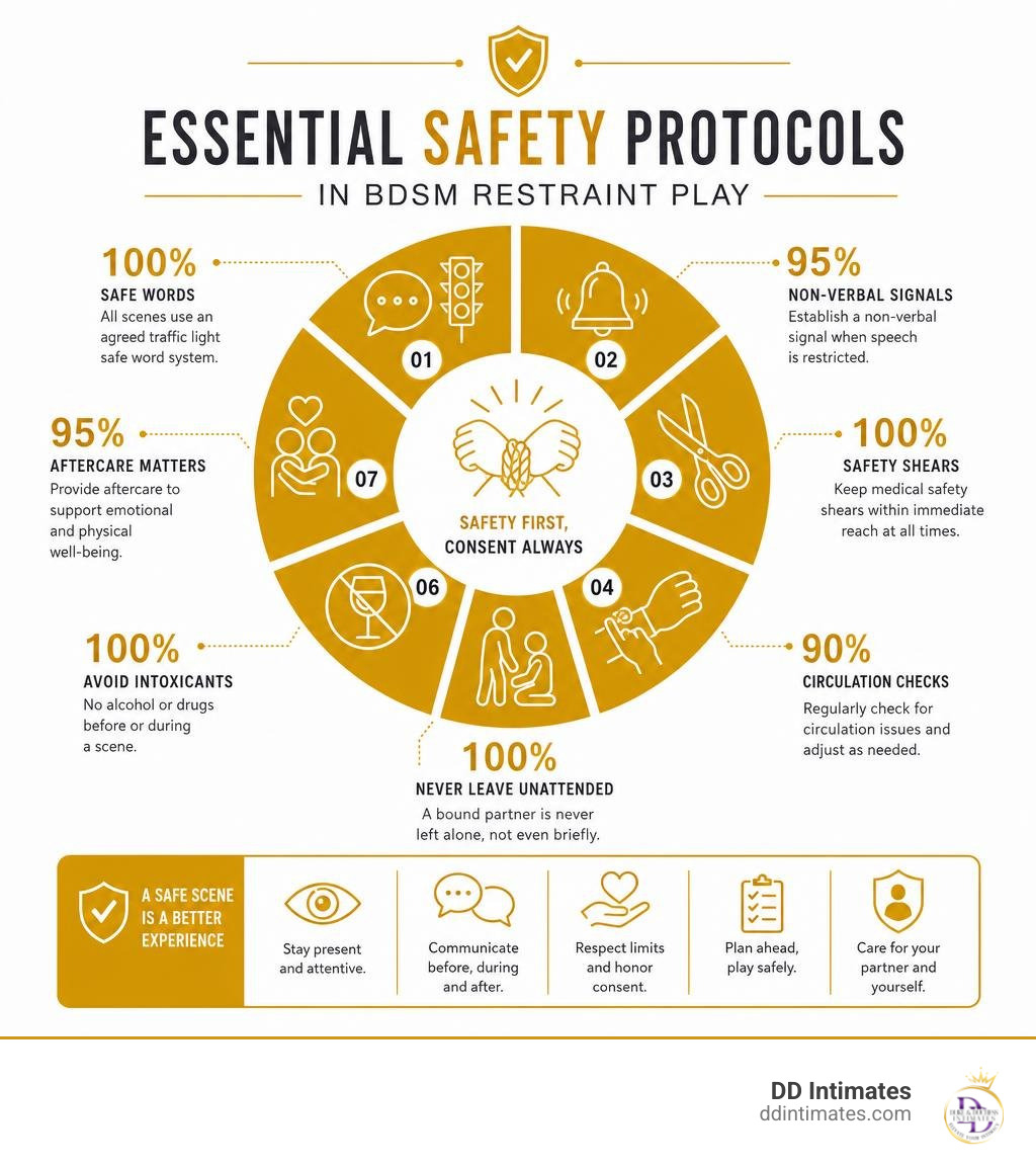 Statistical breakdown of essential safety protocols during BDSM restraint play infographic