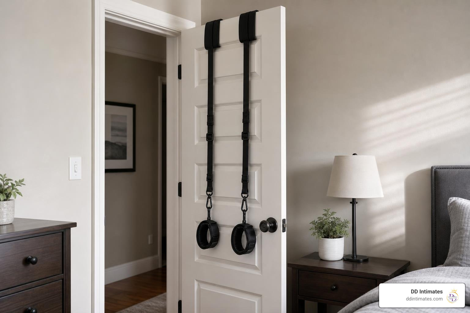setup of over-the-door anchor system with adjustable cuffs for solo play