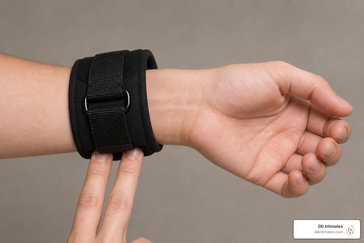 correct placement of adjustable bondage cuffs on wrist showing two-finger gap