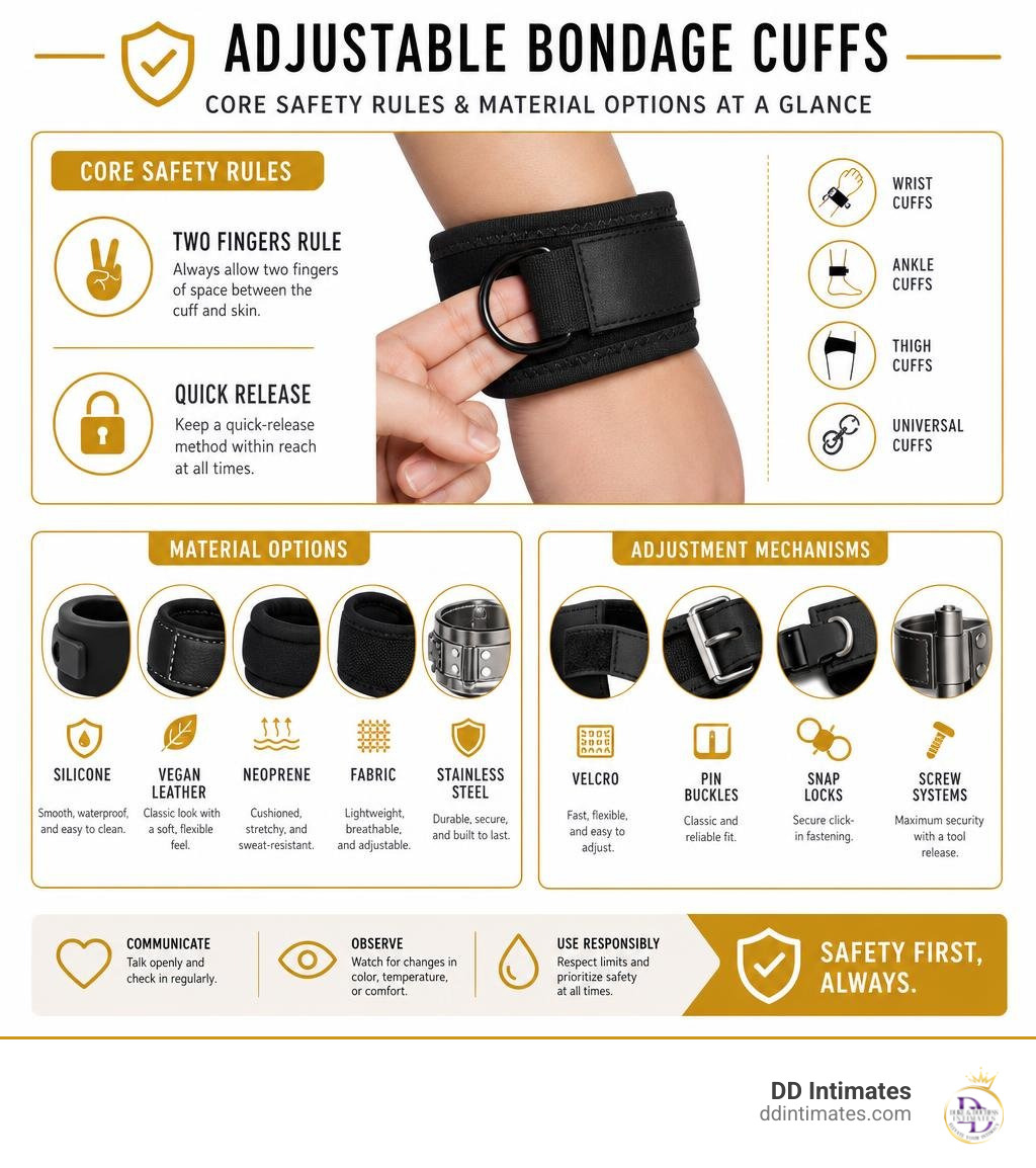 Core safety rules and material options for adjustable bondage cuffs at a glance infographic