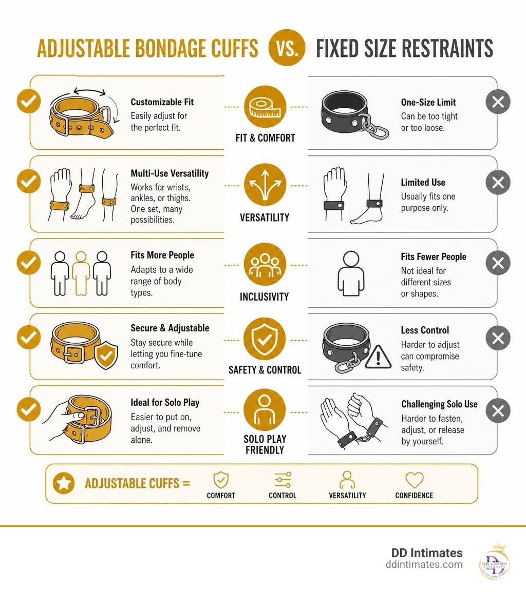 Key differences between adjustable bondage cuffs and fixed size restraints infographic
