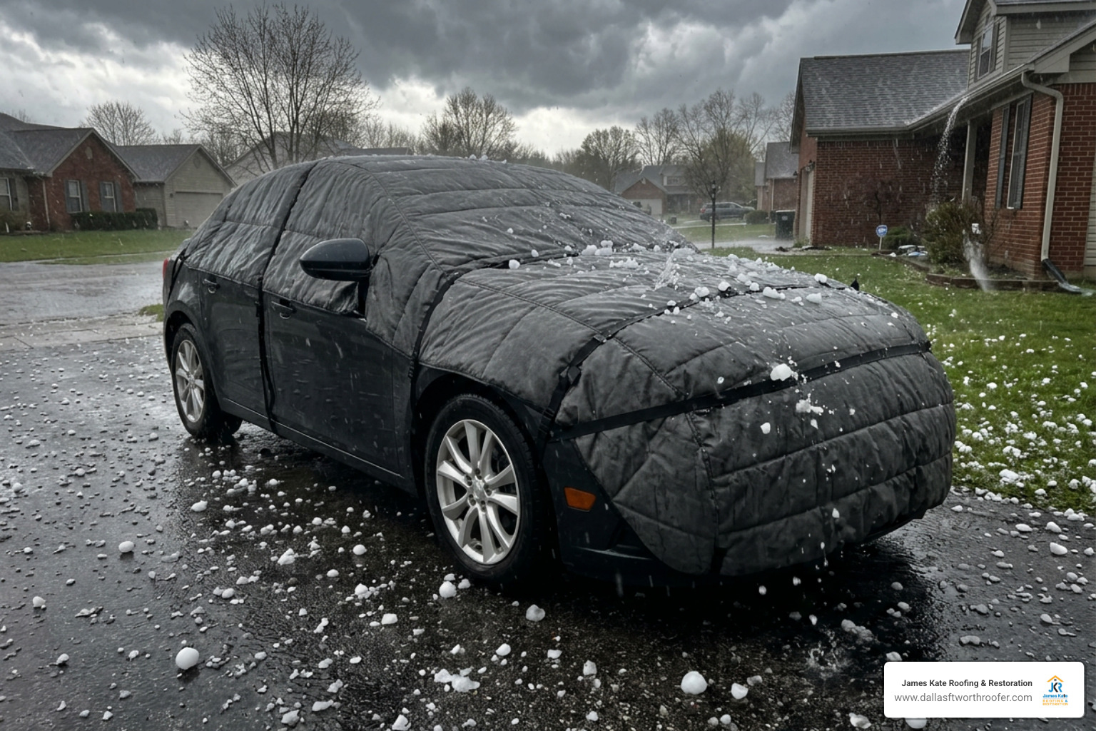 car sheltered under hail cover during storm car sheltered under hail cover during storm