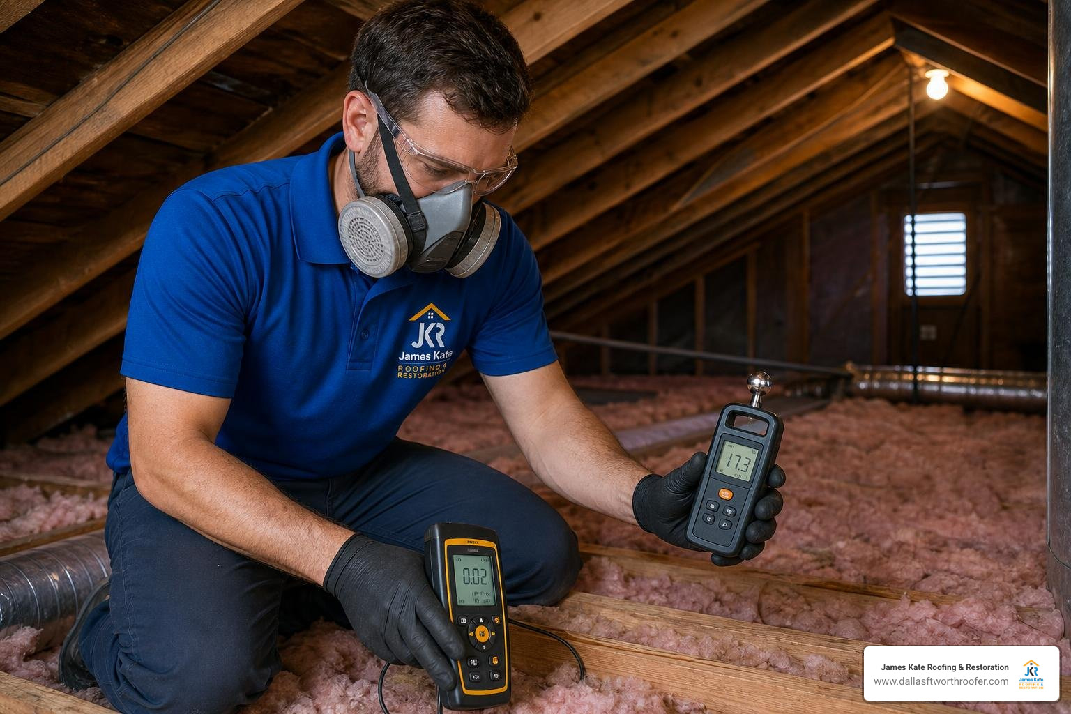 solar technician testing air quality and taking moisture samples in an attic solar technician testing air quality and taking moisture samples in an attic