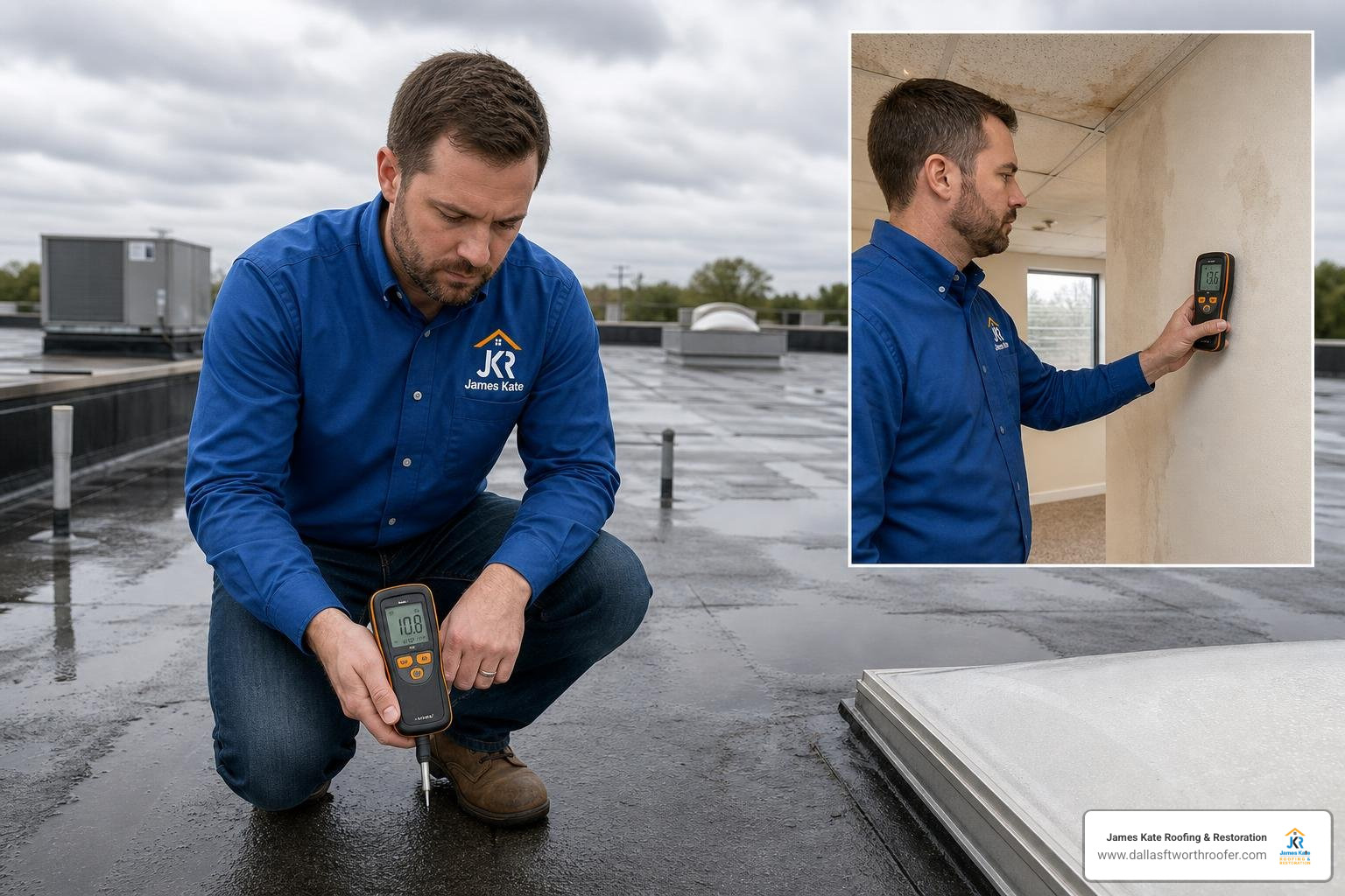 Project manager inspecting commercial roof deck and interior for moisture intrusion Project manager inspecting commercial roof deck and interior for moisture intrusion