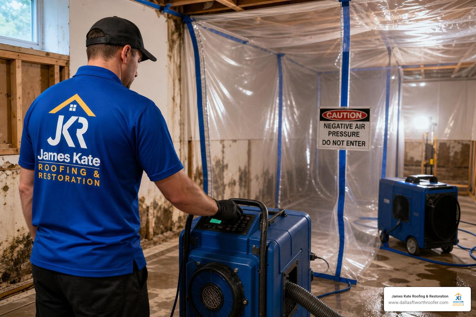 Technician operating HEPA air scrubbing equipment under containment Technician operating HEPA air scrubbing equipment under containment