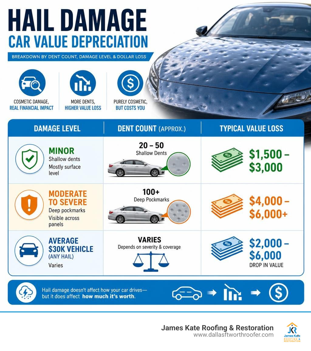 Hail damage car value depreciation breakdown by dent count, damage level, and dollar loss infographic Hail damage car value depreciation breakdown by dent count, damage level, and dollar loss infographic
