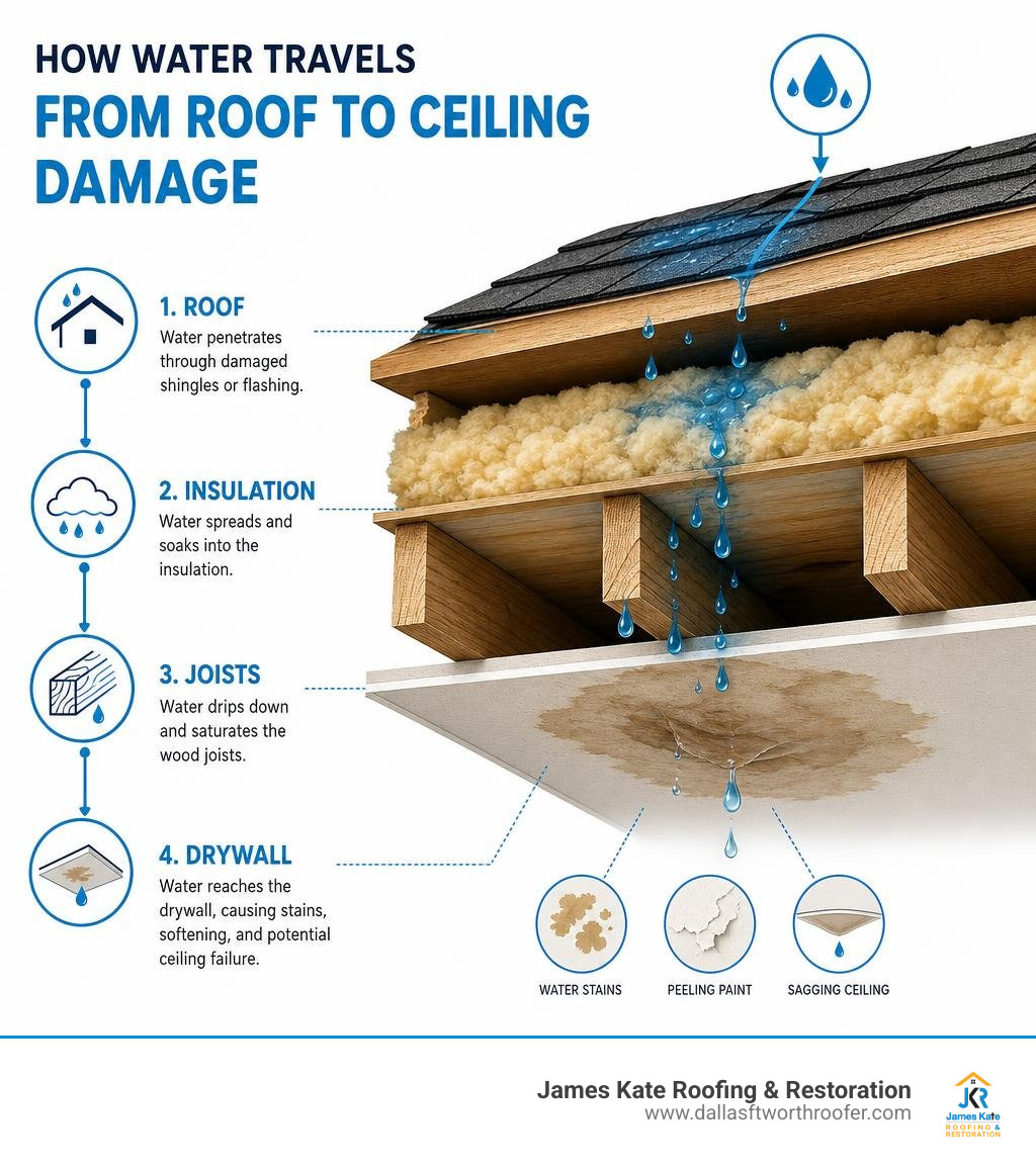 How water travels through roof, insulation, joists, and drywall to cause ceiling damage infographic How water travels through roof, insulation, joists, and drywall to cause ceiling damage infographic