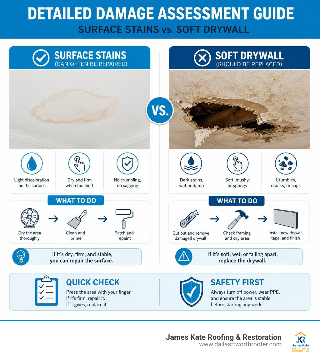 Detailed damage assessment guide comparing surface stains vs soft drywall infographic Detailed damage assessment guide comparing surface stains vs soft drywall infographic