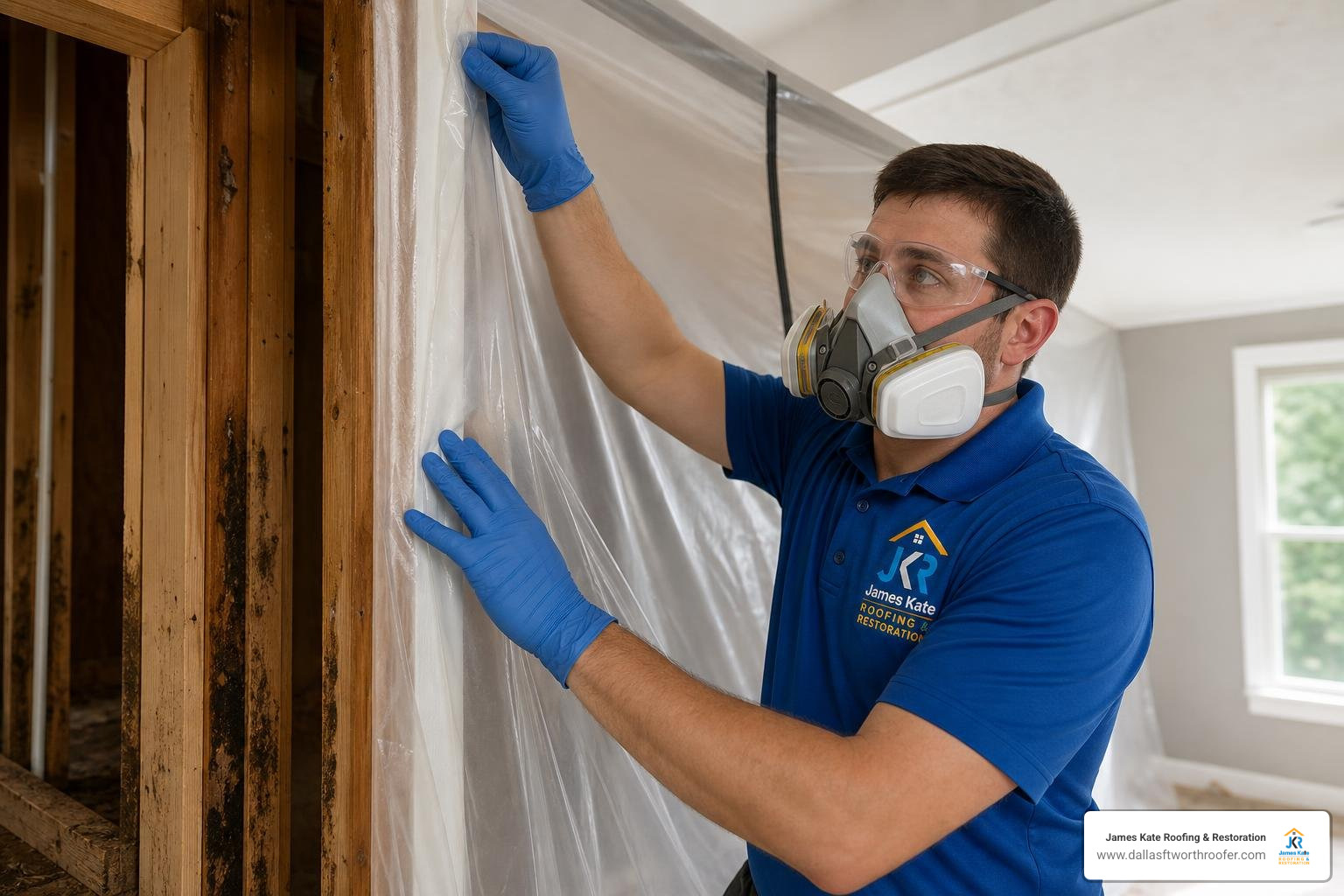 James Kate solar technician wearing protective gear and royal blue shirt installing containment barrier James Kate solar technician wearing protective gear and royal blue shirt installing containment barrier