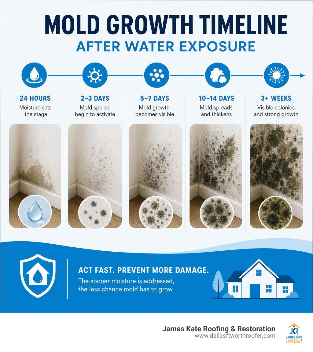 Timeline showing mold growth stages after water exposure, from 24 hours to visible colonies infographic Timeline showing mold growth stages after water exposure, from 24 hours to visible colonies infographic
