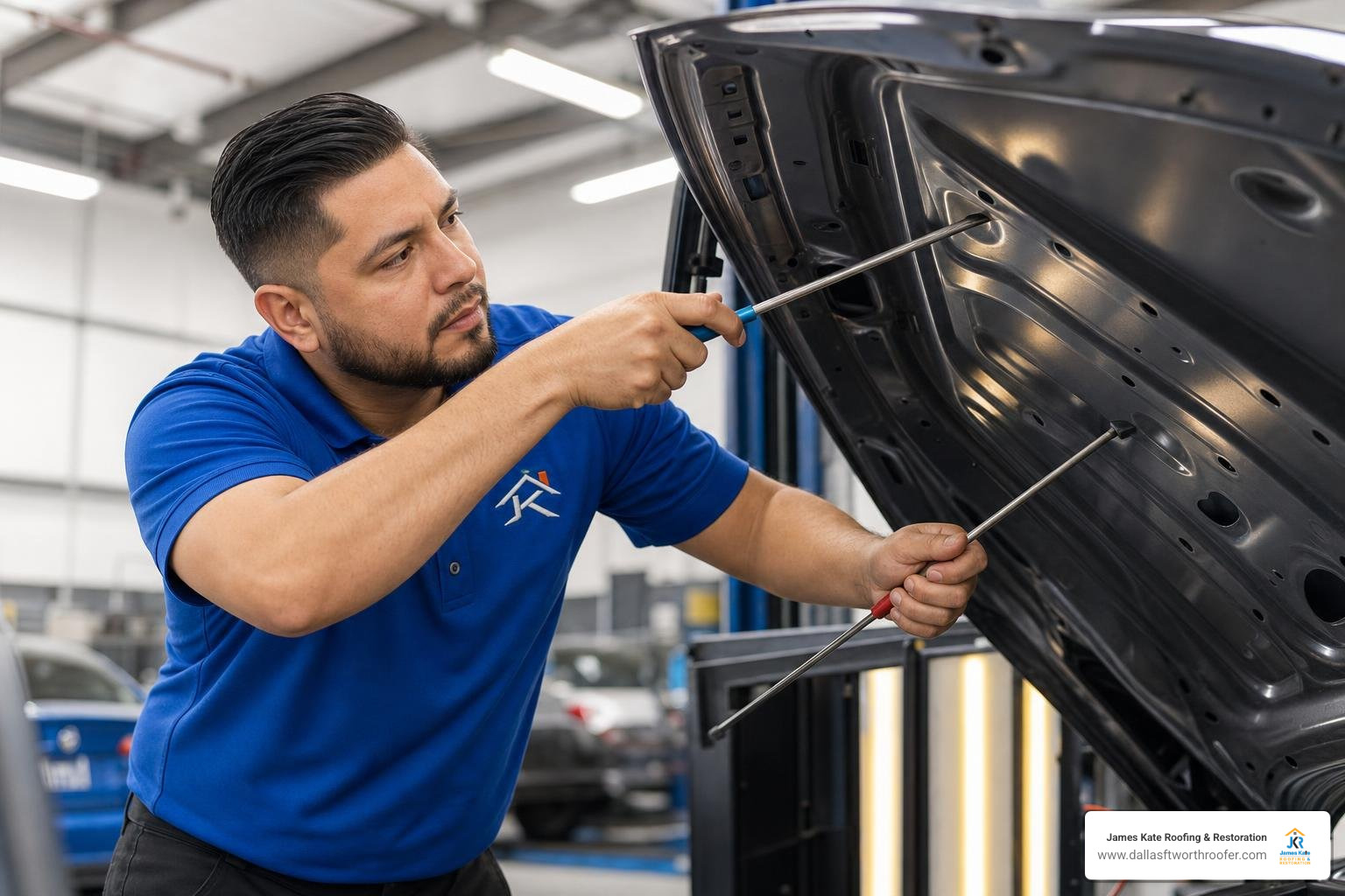 technician performing paintless dent repair technician performing paintless dent repair