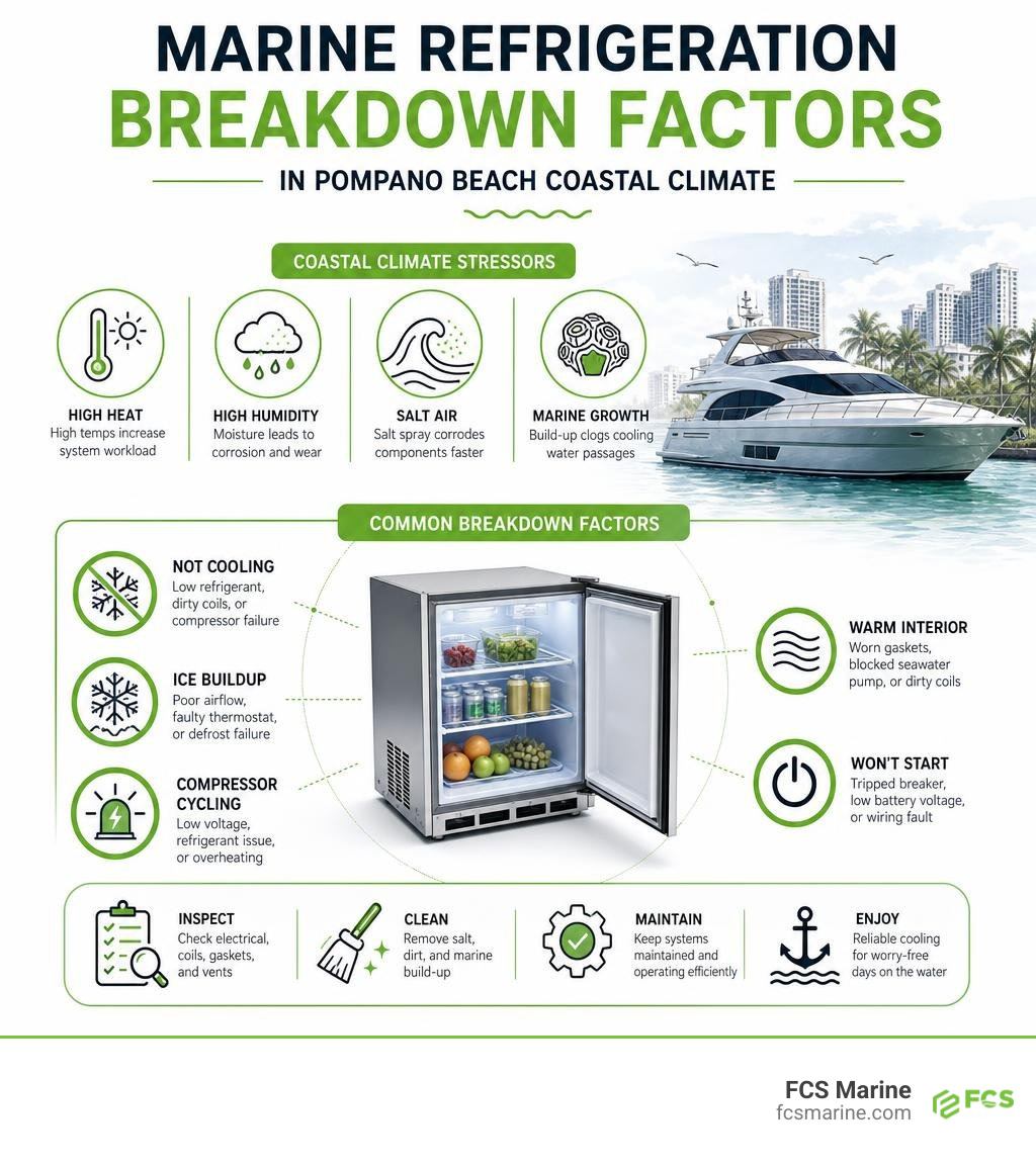infographic showing marine refrigeration breakdown factors in Pompano Beach coastal climate infographic infographic showing marine refrigeration breakdown factors in Pompano Beach coastal climate infographic