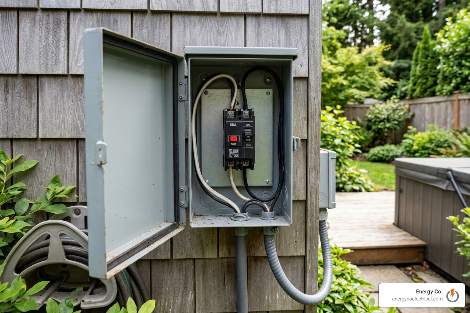 outdoor spa disconnect panel with GFCI breaker