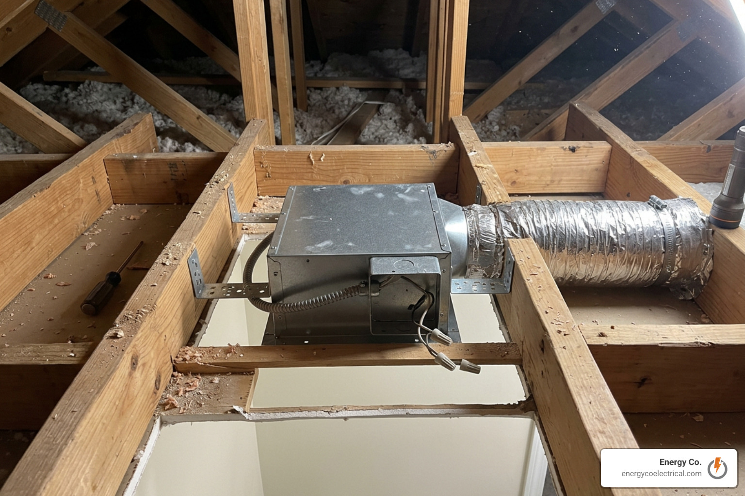 Illustration showing top-down installation of a bath fan housing secured to ceiling joists from attic space