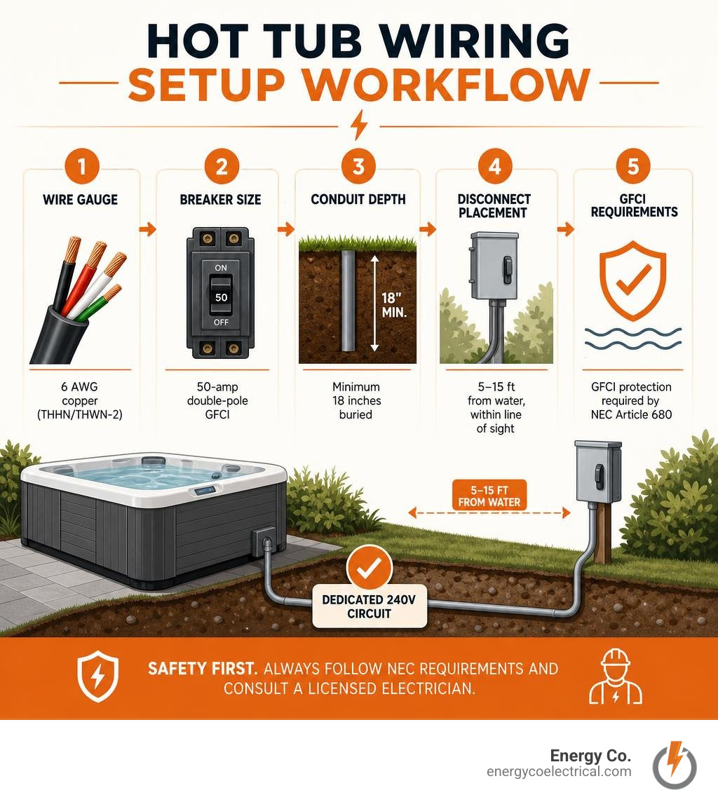 Hot tub wiring setup workflow: wire gauge, breaker size, conduit depth, disconnect placement, GFCI requirements infographic