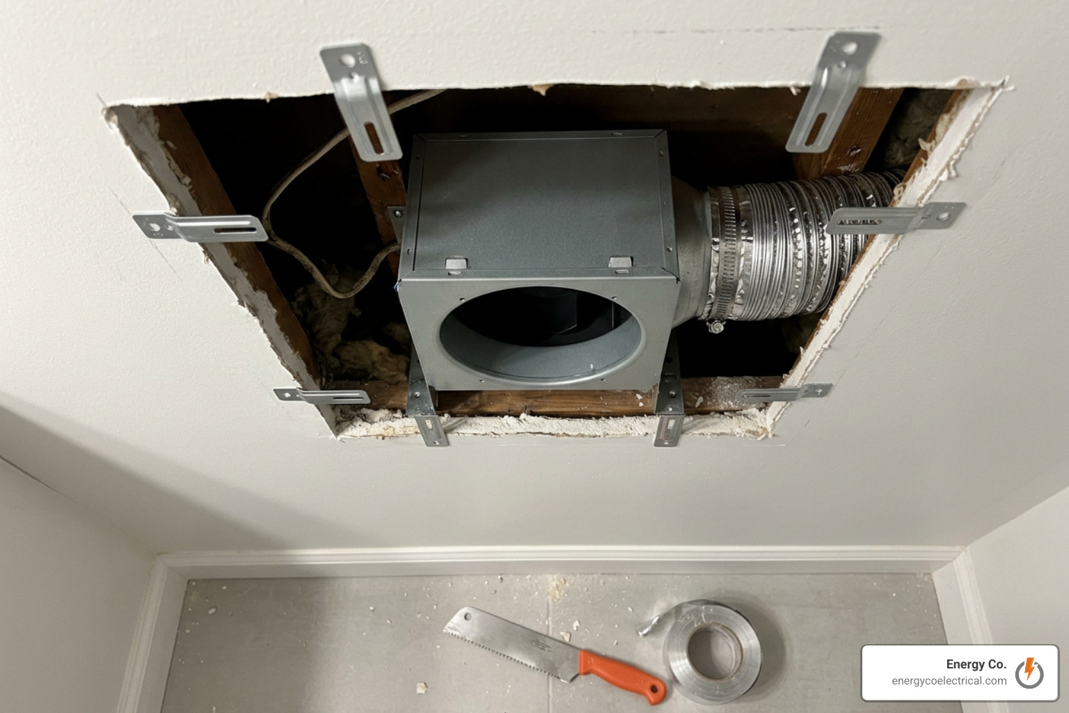 Diagram of roomside retrofit bath fan installation showing ceiling snap-in mounting brackets from below