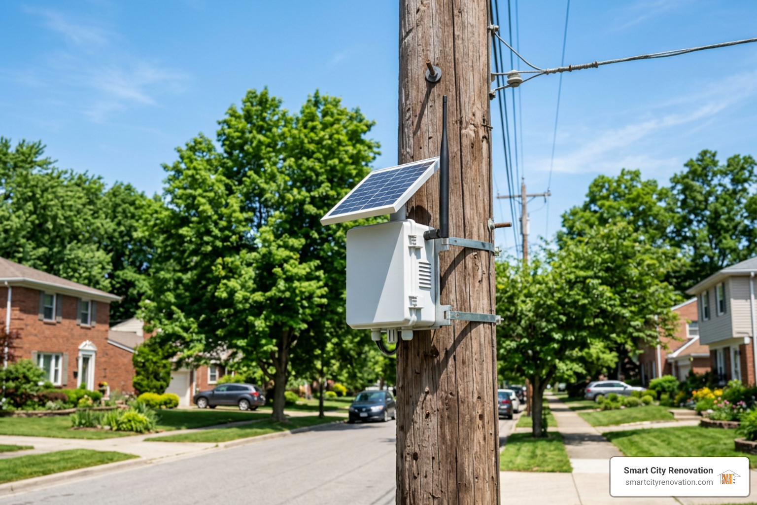 Solar-powered outdoor air quality monitoring device installed on municipal utility pole Solar-powered outdoor air quality monitoring device installed on municipal utility pole