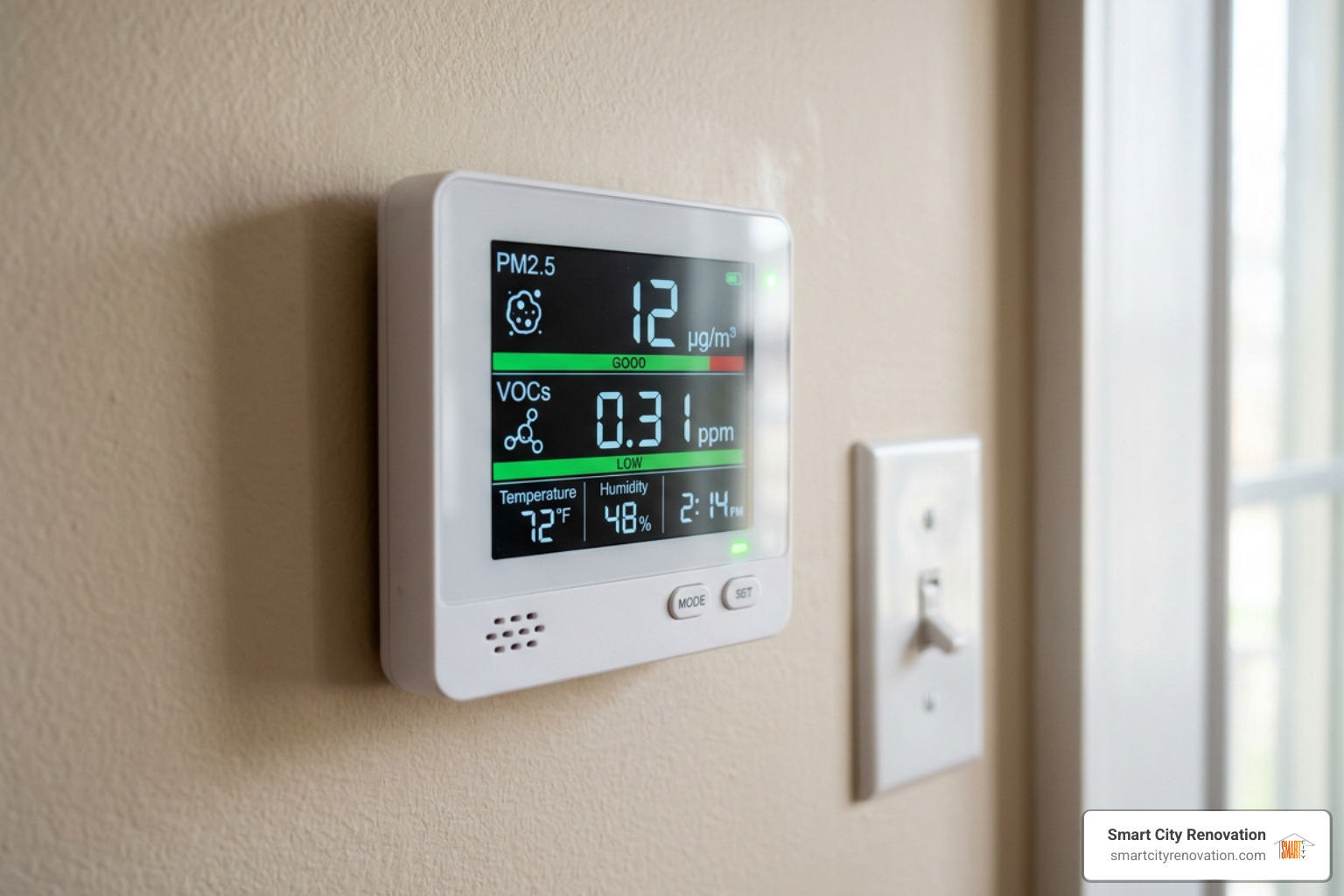 Digital air quality monitor displaying particulate matter levels and volatile organic compounds Digital air quality monitor displaying particulate matter levels and volatile organic compounds