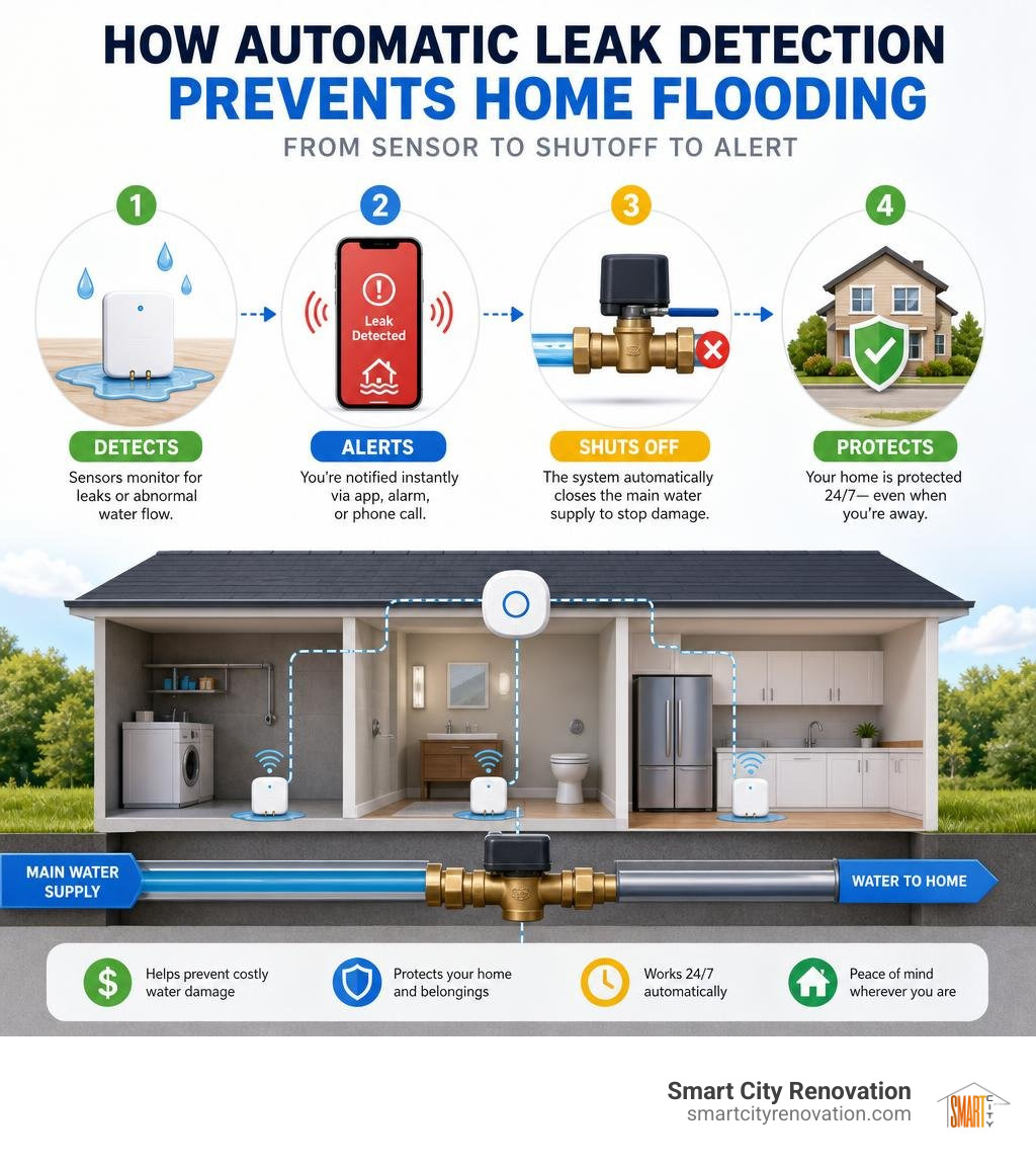 How automatic leak detection prevents home flooding — from sensor to shutoff to alert infographic How automatic leak detection prevents home flooding — from sensor to shutoff to alert infographic