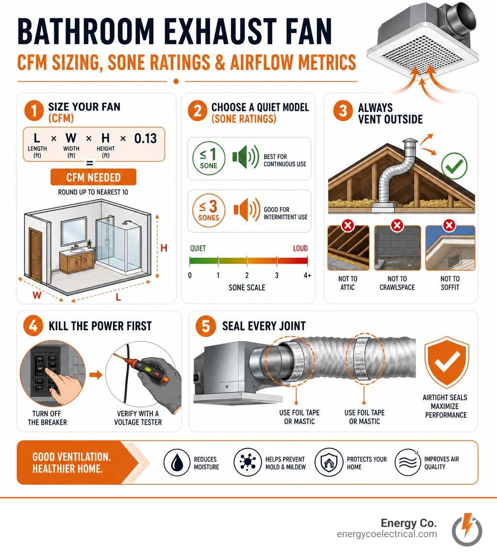 Bathroom exhaust fan CFM sizing, sone ratings, and ventilation airflow metrics infographic infographic