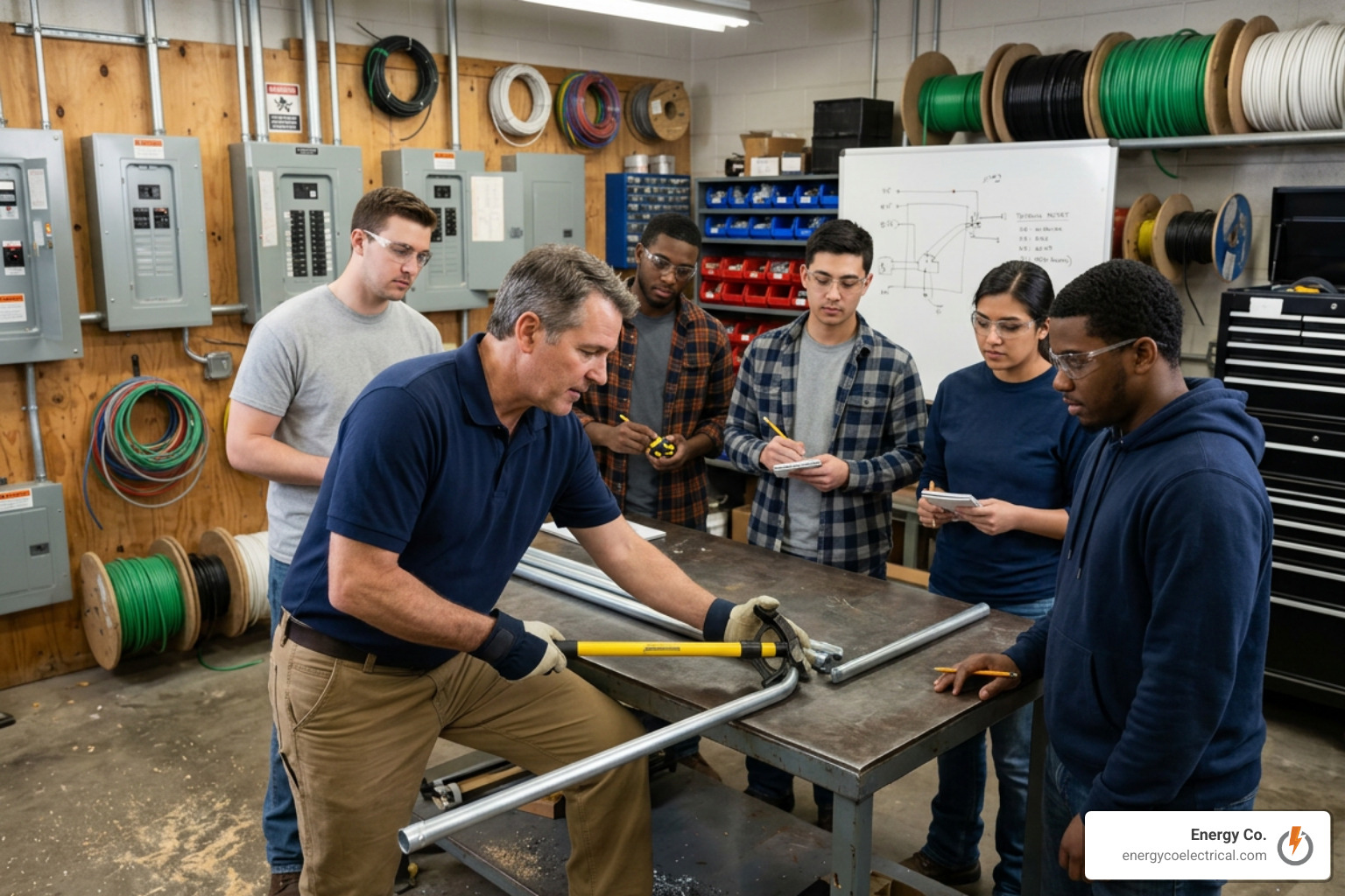 Instructor demonstrating proper conduit bending techniques Instructor demonstrating proper conduit bending techniques