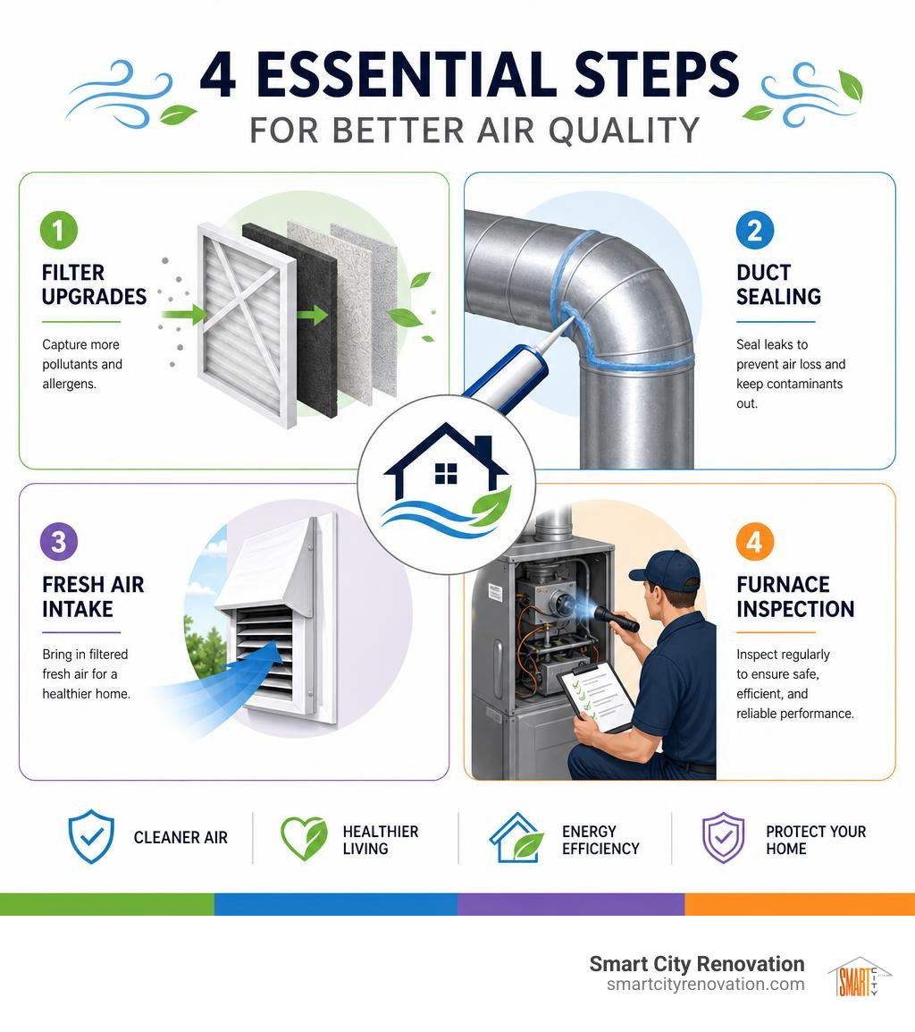 Infographic detailing maintenance steps: filter upgrades, duct sealing, fresh air intake, and furnace inspection infographic Infographic detailing maintenance steps: filter upgrades, duct sealing, fresh air intake, and furnace inspection infographic