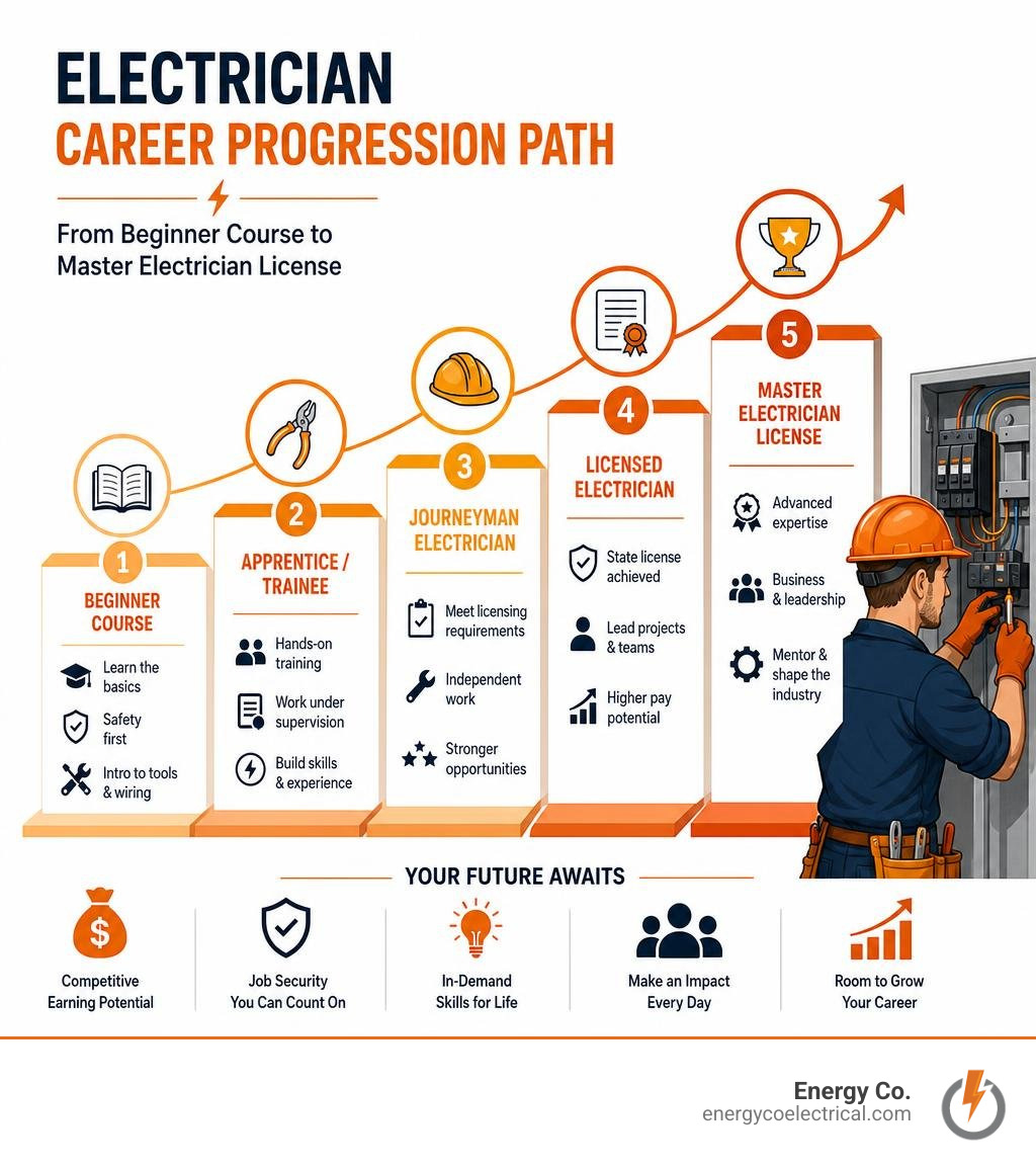 Electrician career progression path from beginner course to master electrician license infographic Electrician career progression path from beginner course to master electrician license infographic