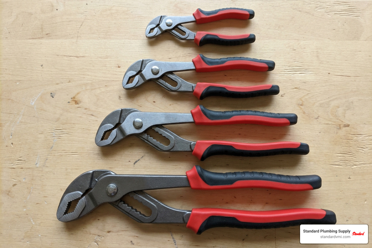 Selection guide showing 4-inch mini, 7-inch, 10-inch standard, and 12-inch waterpump pliers