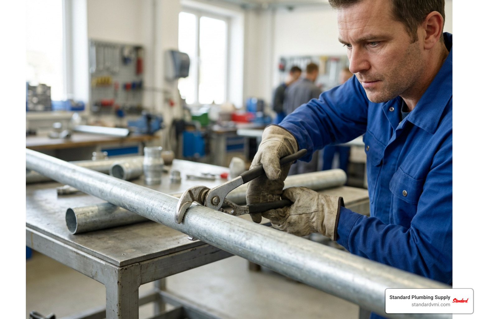 Technician using waterpump pliers to grip a round galvanized pipe