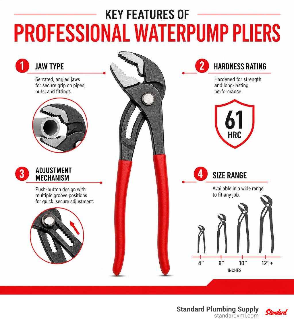 Key features of professional waterpump pliers: jaw type, hardness rating, adjustment mechanism, size range infographic