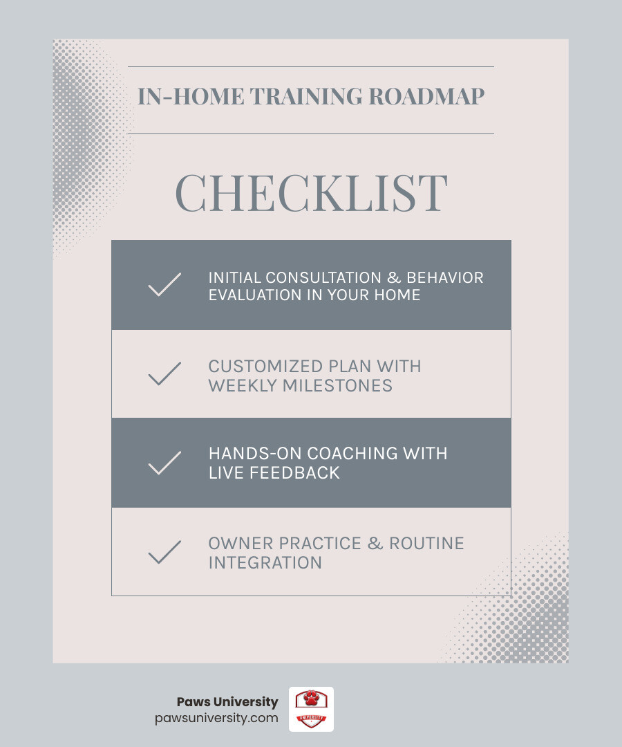 Timeline progression of an in-home dog training program from initial consult to goal achievement infographic Timeline progression of an in-home dog training program from initial consult to goal achievement infographic