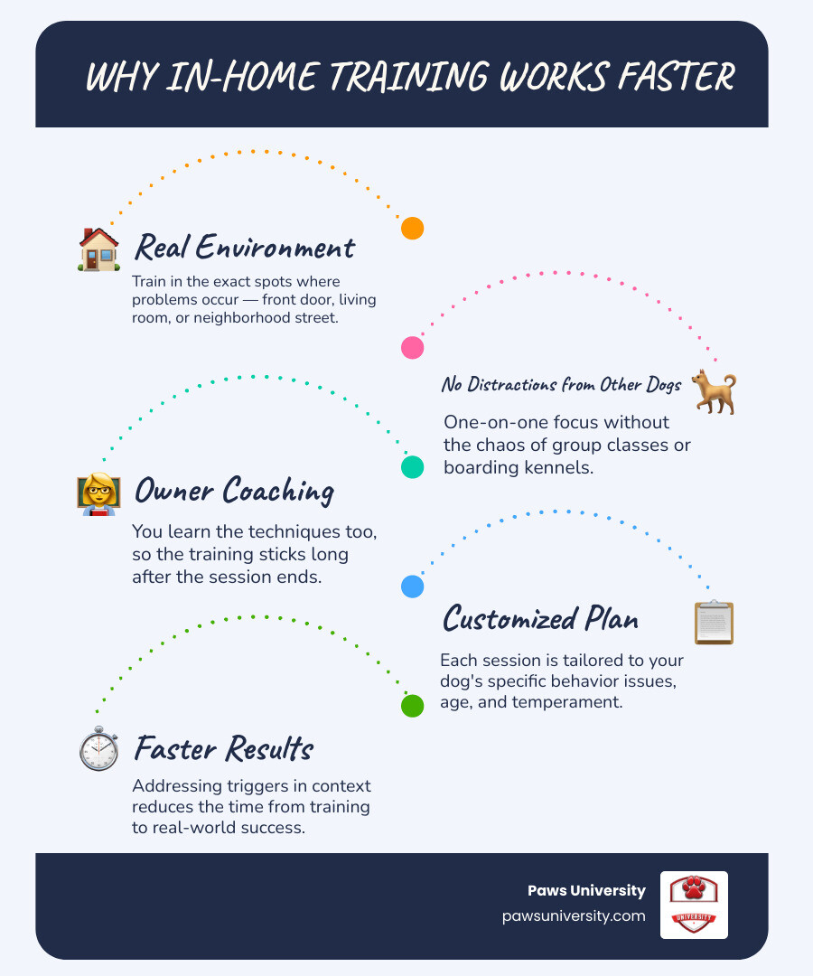 Key advantages of private in-home dog training vs. group classes and board-and-train infographic Key advantages of private in-home dog training vs. group classes and board-and-train infographic