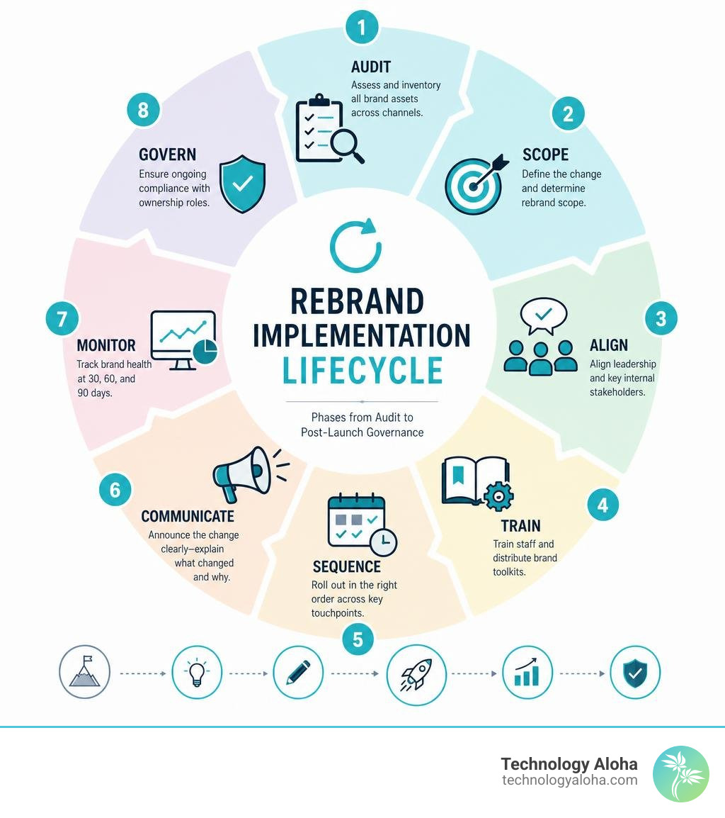 Rebrand implementation lifecycle: phases from audit to post-launch governance infographic Rebrand implementation lifecycle: phases from audit to post-launch governance infographic