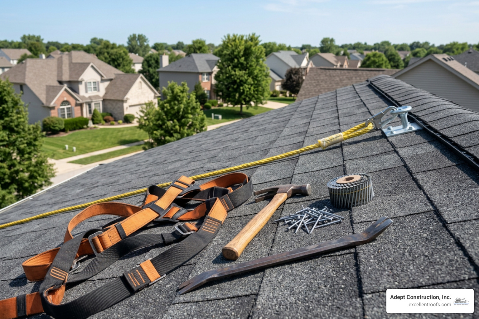 roofing safety harness and tools on a roof deck
