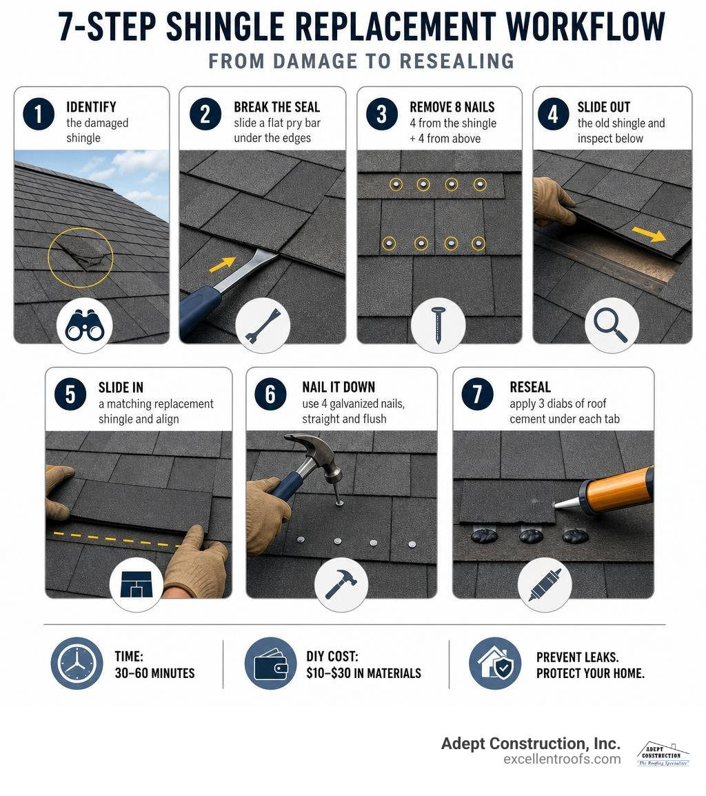 step-by-step shingle replacement workflow infographic showing 7 stages from damage to resealing infographic