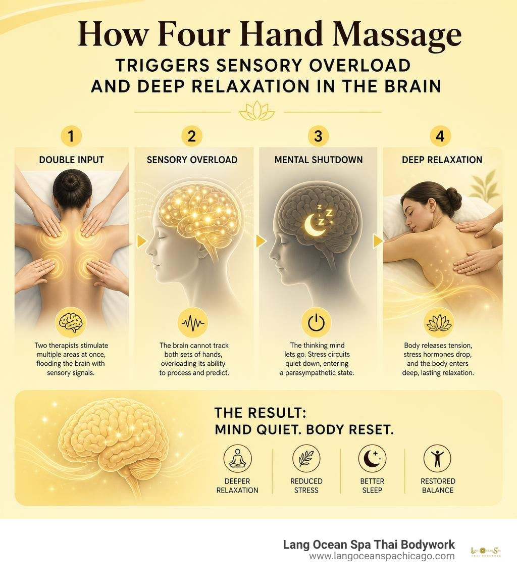 How four hand massage triggers sensory overload and deep relaxation in the brain infographic