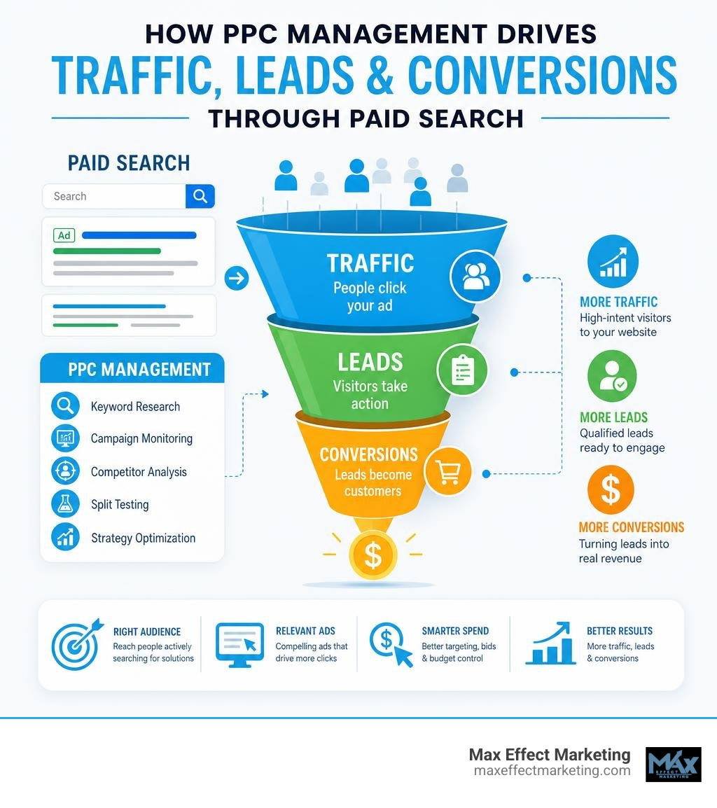 How PPC management drives traffic, leads, and conversions through paid search infographic How PPC management drives traffic, leads, and conversions through paid search infographic