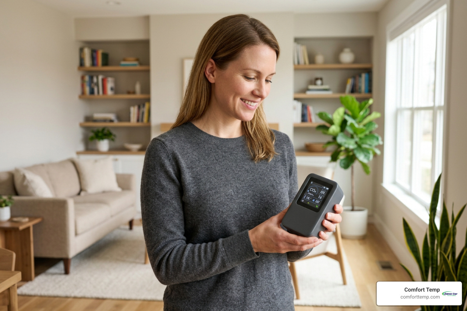 homeowner reviewing indoor air sensor readings on a digital screen homeowner reviewing indoor air sensor readings on a digital screen