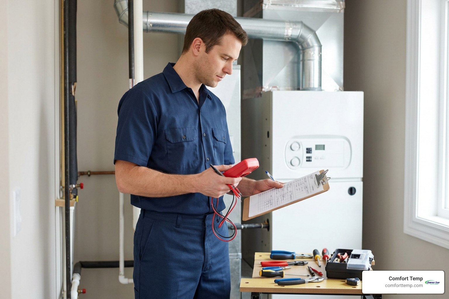 HVAC service technician preparing diagnostic tools in dark blue uniform HVAC service technician preparing diagnostic tools in dark blue uniform